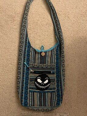 Bohemian Blue Striped Crossbody Bag with Front Pocket
